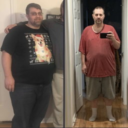 Side by side photos before and after losing 80 pounds.